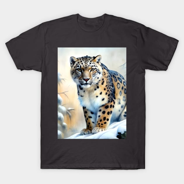 A Proud Snow Leopard Went Hunting, in the Snowy forest, Hight Mountains, Snow Falling, Winter Landscape, Wildlife White Pantera, Watercolor Realistic Illustration, Art, Portrait, Poster, Shirt, Christmas T-Shirt by sofiartmedia